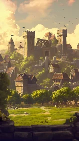 Medieval stone fortress rises above sunlit rural fields