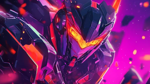 Cyberpunk mech warrior with neon visor in purple blaze.