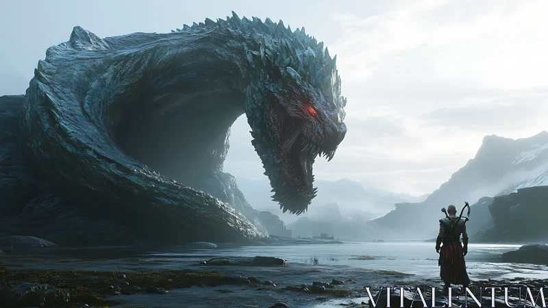 Human figure facing colossal serpentine creature on shore.