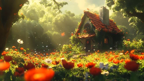 Sunlit flower meadow embracing a cozy storybook cottage.