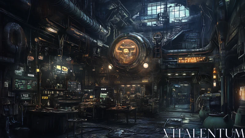 Cyberpunk engine lab glows inside dense industrial maze.