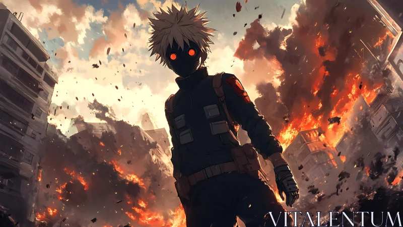 Masked wanderer strolling through a city of falling fire.