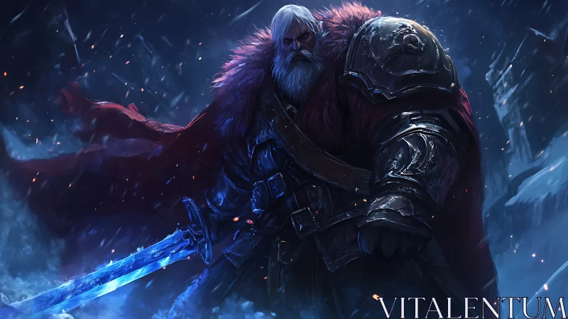 Armored elder warrior with glowing sword in frozen landscape.