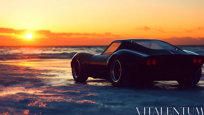 Sleek black sports car waits beside a glowing ocean sunset