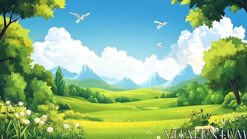 Sunlit valley landscape with mountains and drifting clouds.