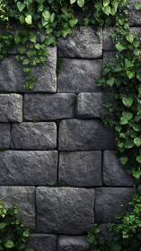 Textured stone masonry wall with creeping vine colonization.