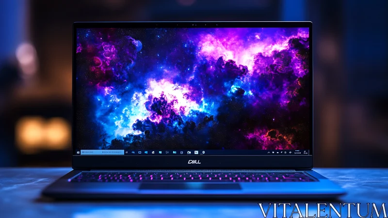 Dell laptop with vibrant nebula wallpaper on illuminated desk