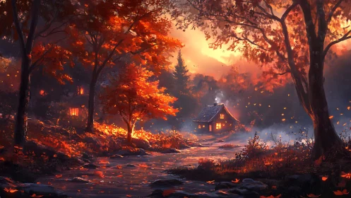 Ember-Cloaked Cottage: Where Autumn Devours the Forest.