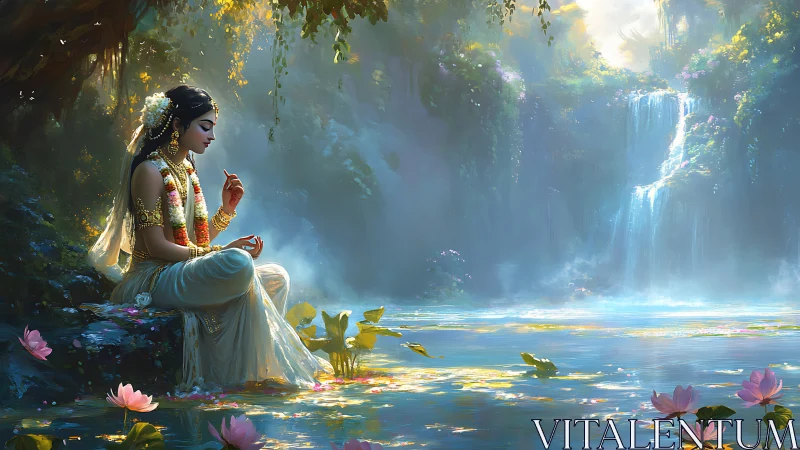 Moonlit river listens as jeweled maiden braids her prayers