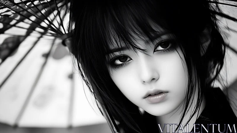 Monochrome anime portrait under parasol with high contrast lighting.