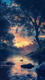Tranquil river sunset with glowing sky and gentle birds.