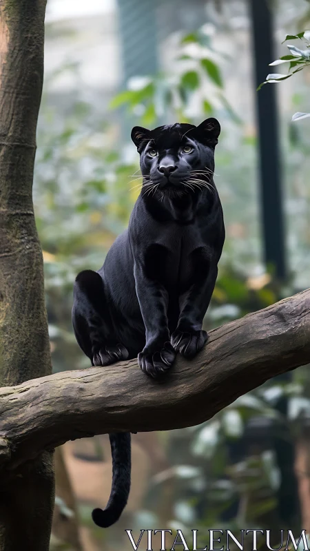Melanistic panther poised on branch in soft diffused forest light