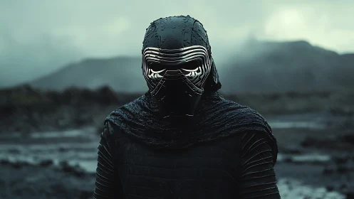 Masked warrior stands in stormy wasteland under dull sky