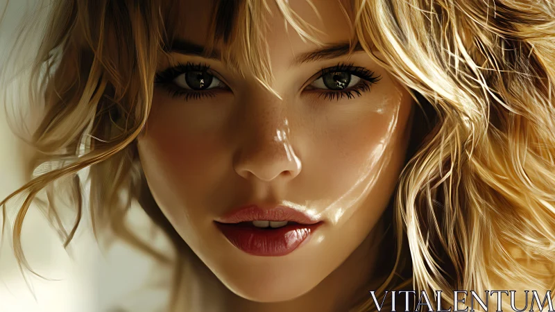 Close digital portrait shows stylized blonde woman’s face