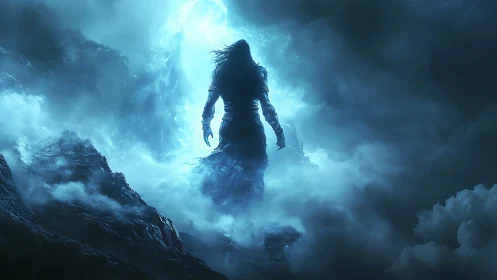 Lone dark warrior ascends through stormlit spectral gateway