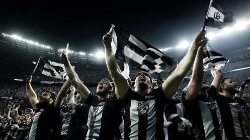 Night stadium erupting with monochrome football fan energy.