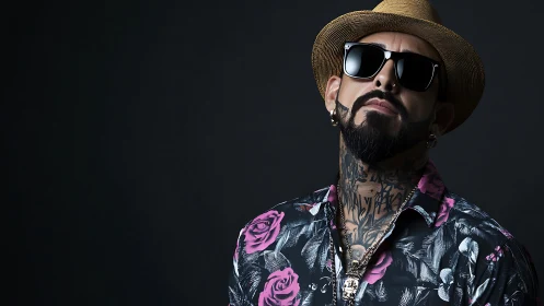 Studio portrait of tattooed man in floral shirt and hat.