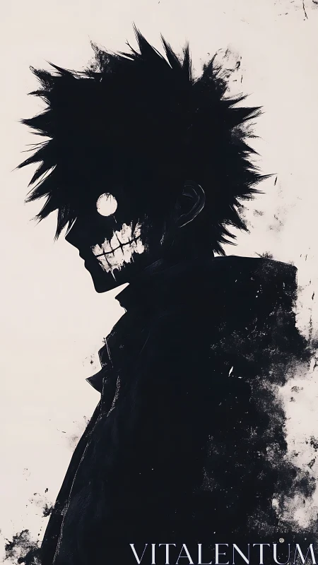 Monochrome hollow-eyed silhouette with skeletal grin profile.