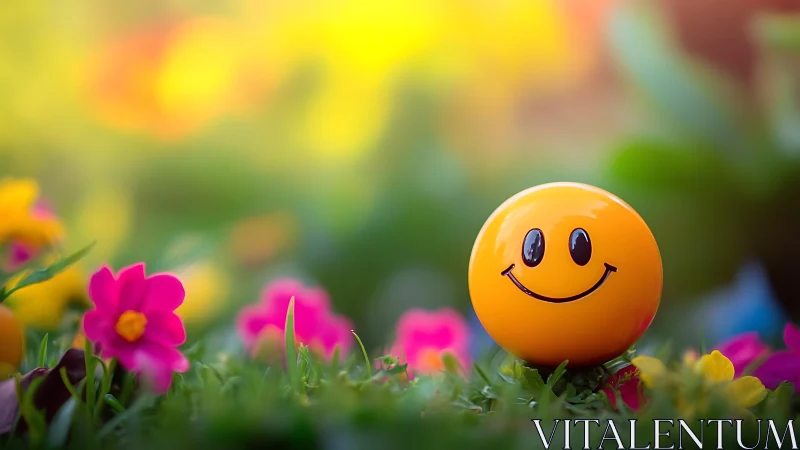 Smiley face ball resting among colorful garden flowers.