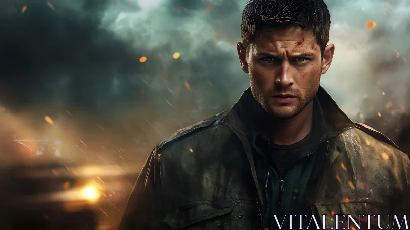 Battleworn male soldier portrait in cinematic storm lighting