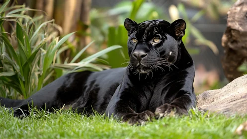 Majestic Black Panther Relaxing in Natural Habitat.