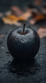 Macro closeup of black apple with raindrops on wet surface
