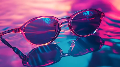 Neon-lit translucent sunglasses rest on iridescent liquid surface