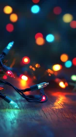 Colorful string lights on wood with vivid holiday bokeh.