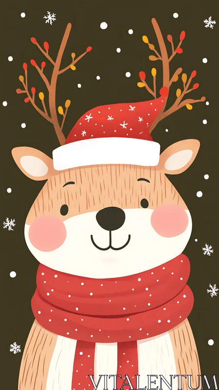 Festive reindeer smiles in scarf and Santa hat illustration.