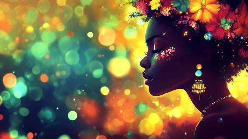 Floral crowned profile amid glowing bokeh lights.