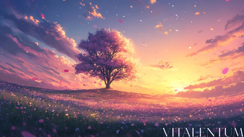 Single cherry tree on horizon under high-saturation sunset sky