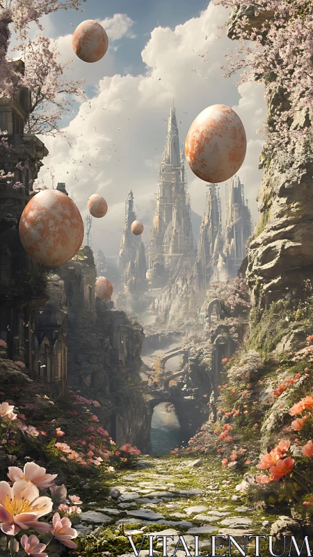 Floating eggs drift above a dreamy path to a skyward city