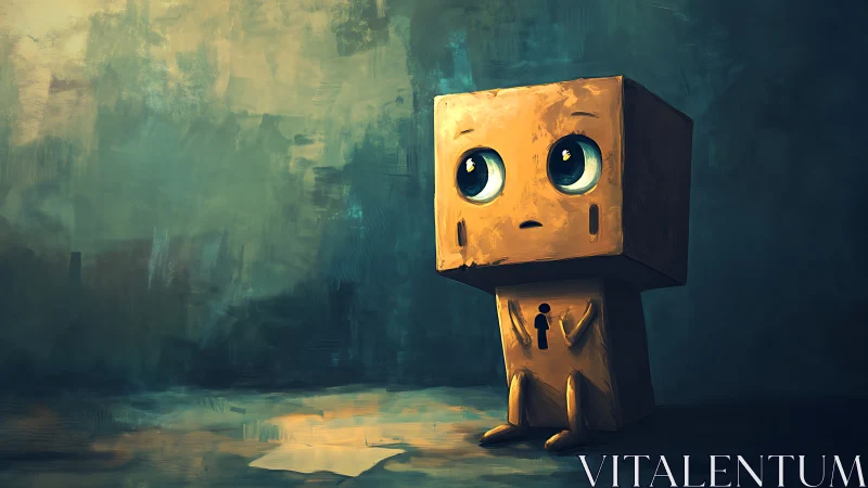 Box-headed character gazes sadly into painted twilight space.