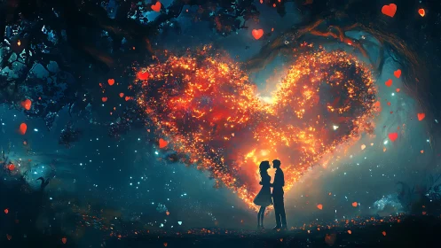 Silhouetted couple beneath explosive particle heart rendered with volumetric light simulation