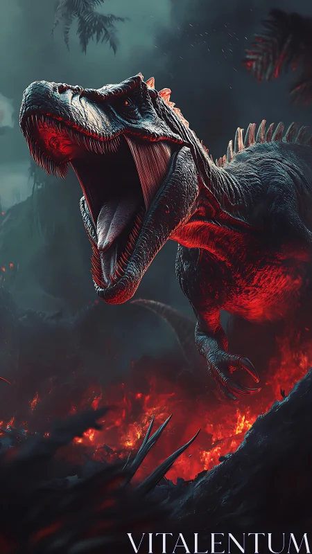 Volcanic twilight crowns a roaring tyrannosaur in ember light