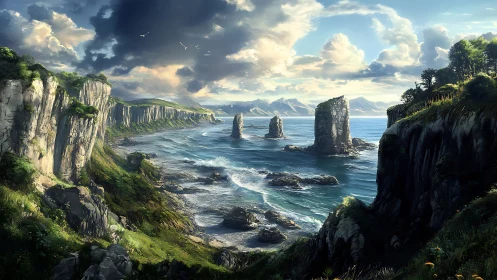 Dramatic Coastal Cliffs with Sea Stacks and Mountains. Digital Landscape.