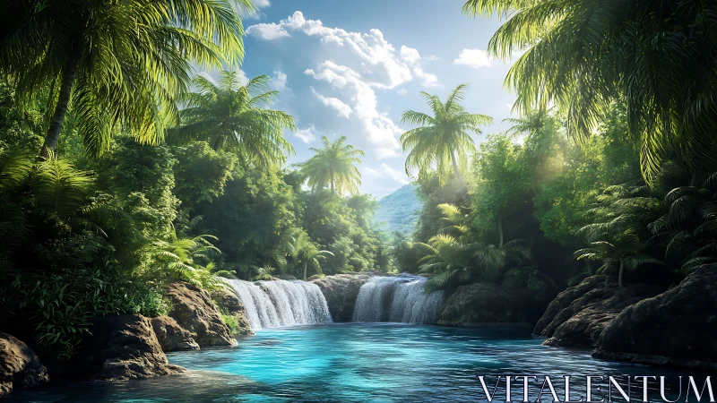 Sunlit jungle waterfall pouring into a tranquil blue lagoon.