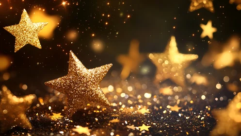 Glittering golden stars floating in warm festive bokeh.