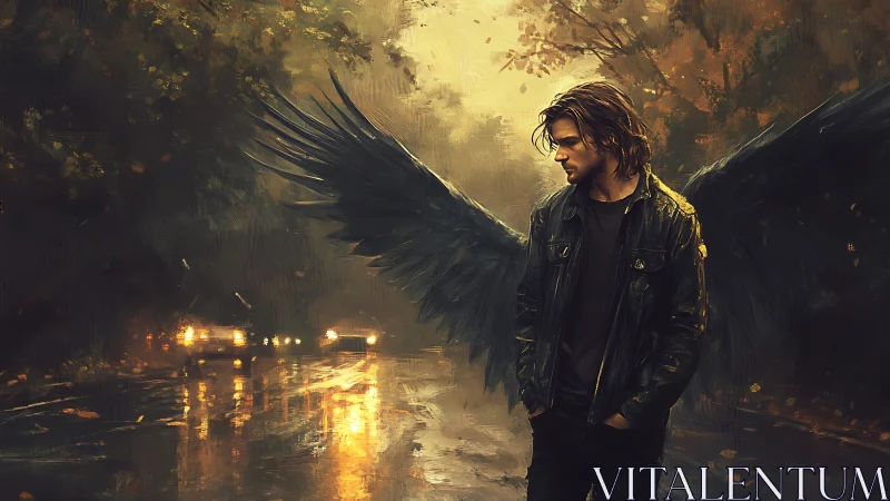 Brooding dark angel stands on wet autumn city street.