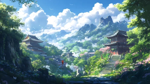 Mountain temple village under volumetric clouds in spring light.