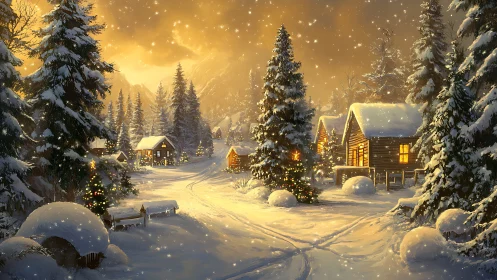 Snow-laden alpine cabins under golden twilight snowfall