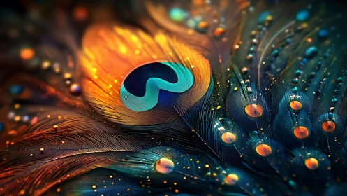 Glowing peacock feather shimmered with dreamy jeweled droplets.