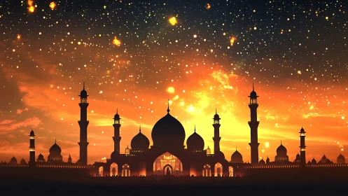 Golden sky over a glowing mosque at peaceful twilight.