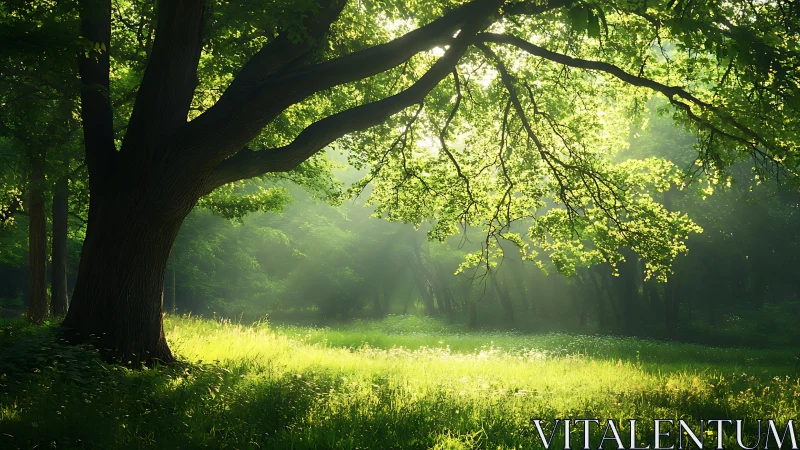Sunlit Forest Clearing with Majestic Tree, Tranquil Nature Scene.