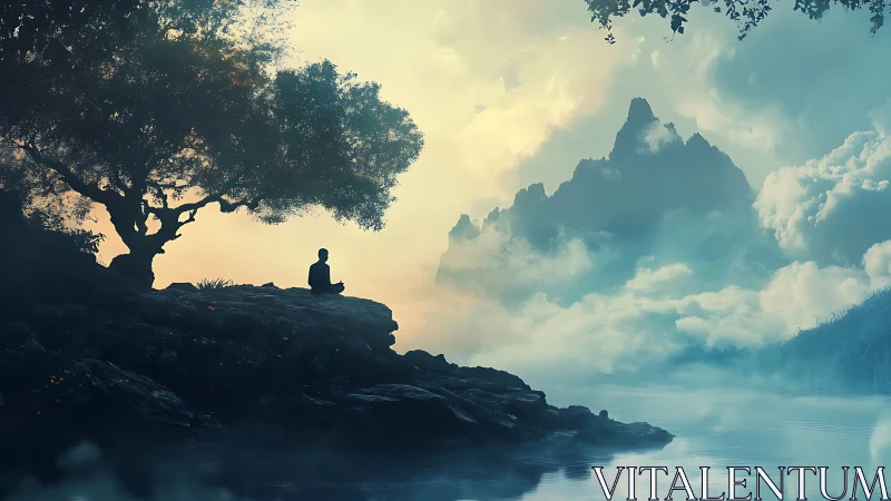 Quiet riverside meditation beneath a dreaming mountain sky.