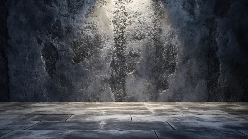 Textured concrete wall with stone floor under spotlight.