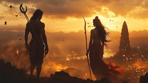 Warrior couple watch a burning temple under molten skies