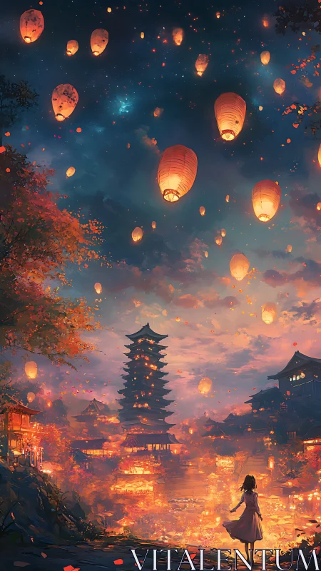 Lantern-filled sky over illuminated pagoda festival at dusk.