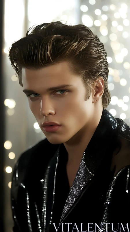 Luminous young icon in sleek black jacket and bokeh glow.