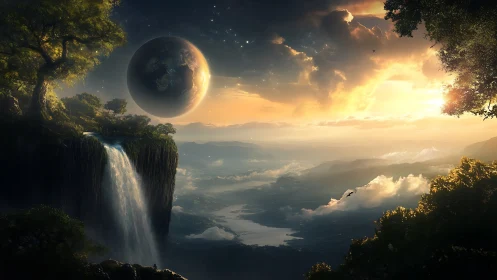 Dual-planet horizon over cliff waterfall and cloud valley
